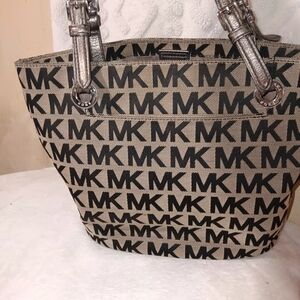 MICHAEL Michael Kors Tan and Black MK Logo Tote with Metallic Silver Handles